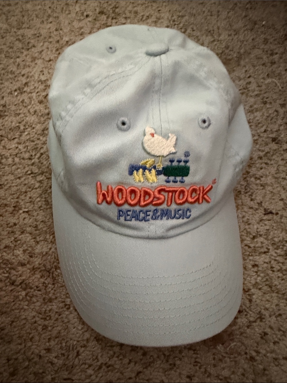 Woodstock Peace & Music Embroidered Light Blue Baseball Cap Music Festival Boho - Picture 4 of 4